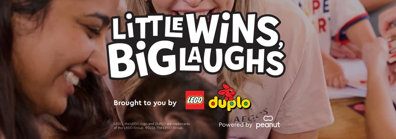 Little Wins, Big Laughs event banner showing a parent and child with LEGO DUPLO and Peanut branding