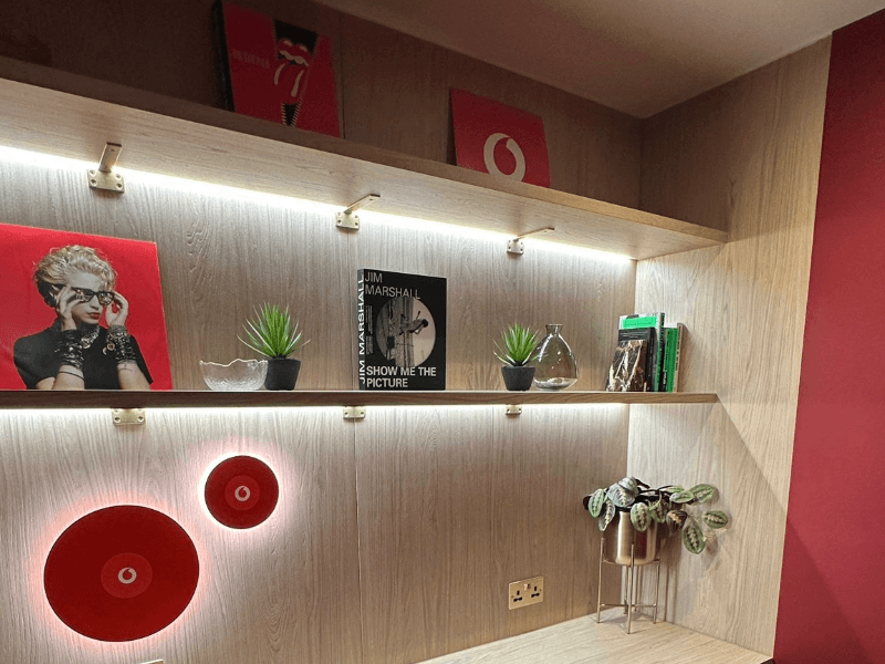 Bespoke shelving in The Vodafone Lounge with vinyl records, books and plants