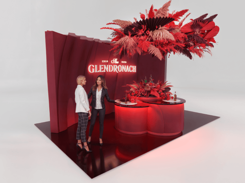 Glendronach exhibition stand concept showing the modular red display and floral canopy